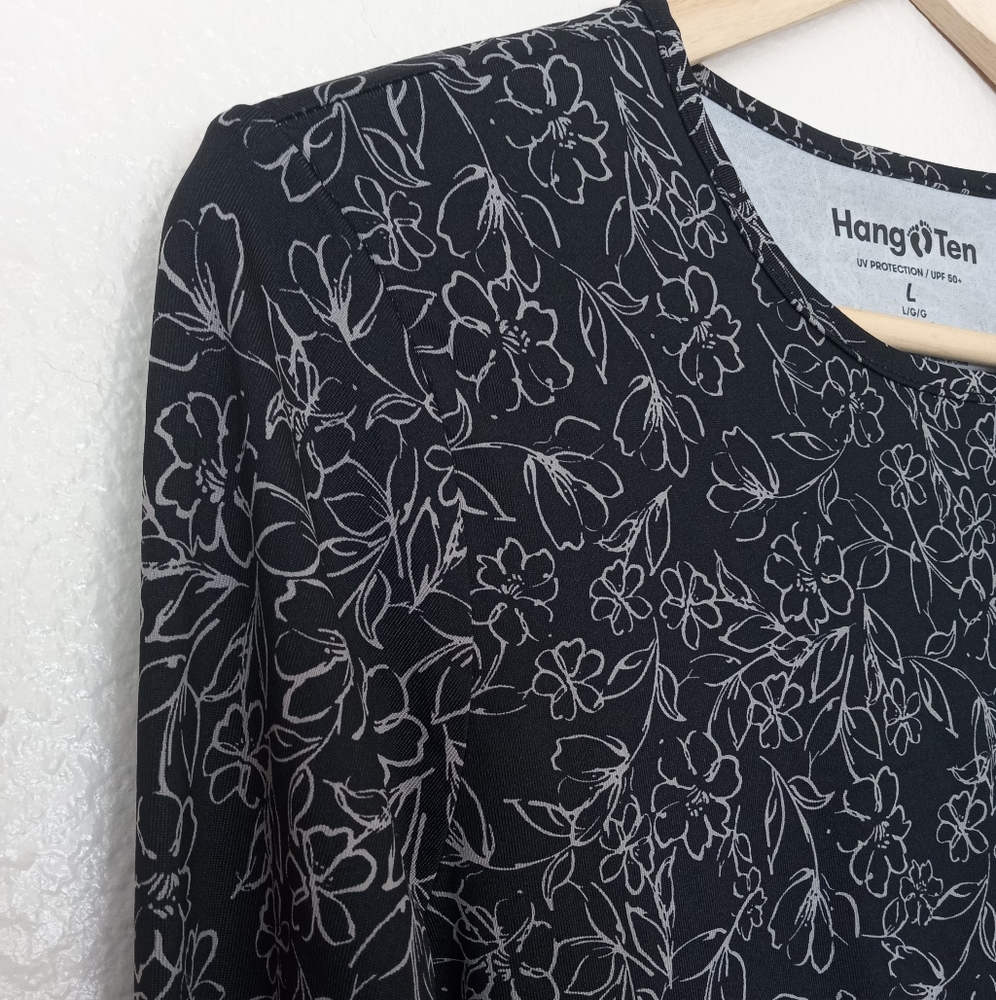 Hang Ten Rash Guard Long Sleeve Black Floral Top UV Protection UPF 50+ - Picture 9 of 9
